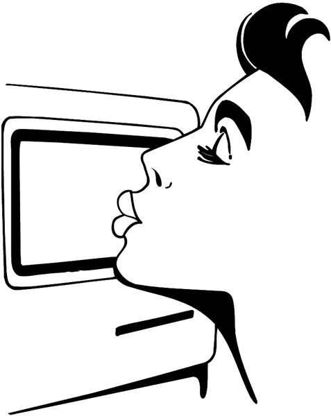 Lady kissing computer screen vinyl sticker. Customize on line.      Computers 024-0189  